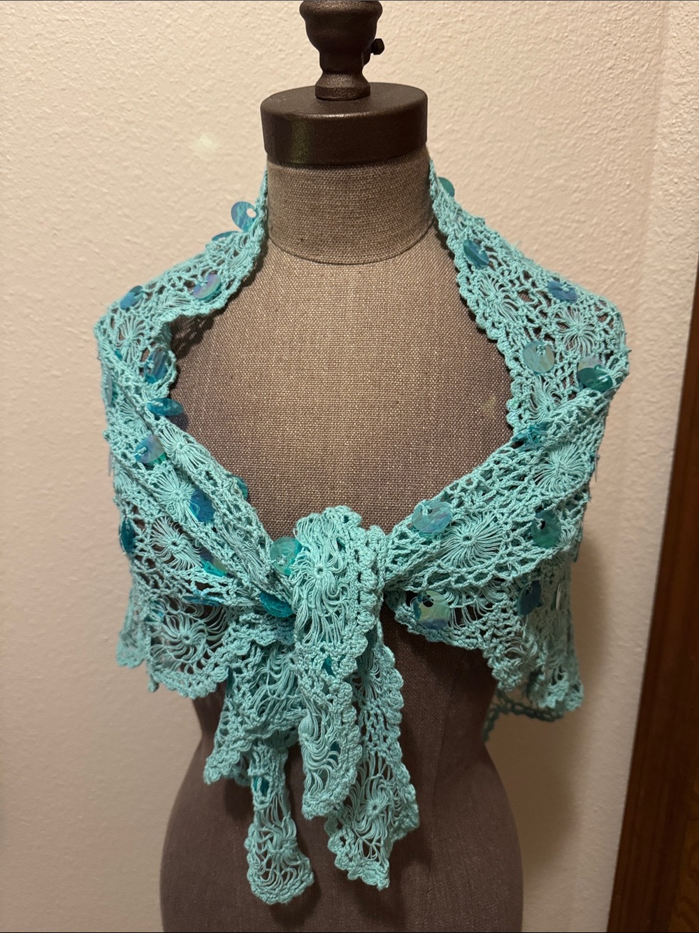 Fabulous Vintage Nanette Lepore Aqua Crochet Lace Scarf Wrap